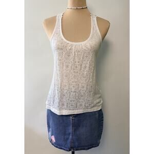 Y2K Lei Crochet Back Tank Top Sheer Large White 2000s Long Preppy Beach